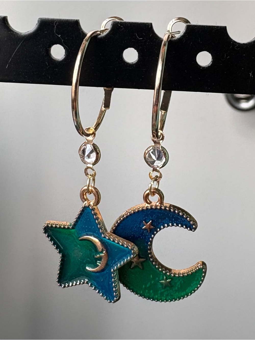 Gold Hoop Earrings with Blue-Green Star and Crescent Moon Charms